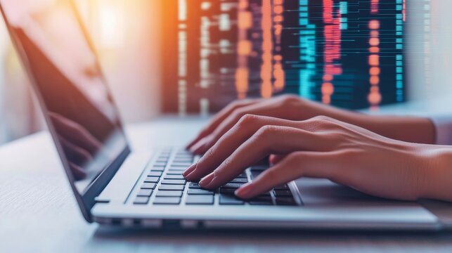 Digital literacy and technology analysis concept. Hands typing on a laptop with digital data in the background.