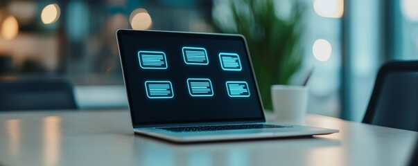 Efficiency of team collaboration tools concept. Laptop displaying data graphics with a coffee cup in a modern workspace.