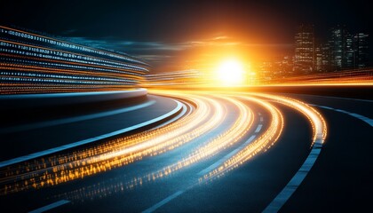 Abstract highway with light trails and data particle streams towards sunrise, technology concept.