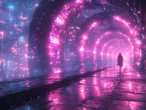 Cyberpunk Neon Tunnel with Hooded Figure. Futuristic Sci-Fi Digital Landscape