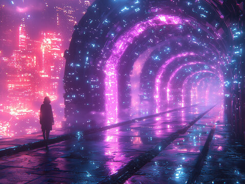 Cyberpunk Neon Tunnel with Hooded Figure. Futuristic Sci-Fi Digital Landscape