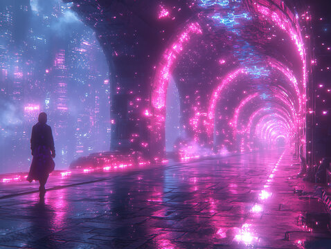 Cyberpunk Neon Tunnel with Hooded Figure. Futuristic Sci-Fi Digital Landscape