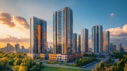 Obraz premium Golden hour casts a warm glow over the sleek high-rise buildings, reflecting light off their glass facades