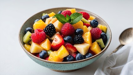 A colorful bowl of mixed fruit salad featuring vibrant strawberries blackberries blueberries kiwis and mint leaves against a light background.