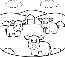 Obraz premium Three cartoon cows in a farm setting with clouds and a barn in the background.