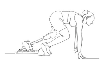 Continuous line of female amputee athlete runner with prosthetic legs run with motivation and passion competition. Single sketch drawing vector illustration 