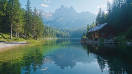 Serene alpine lake with rustic cabin and majestic mountain view in tranquil forest setting