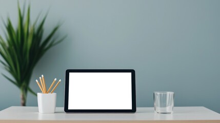 Brainstorming for team collaboration tools concept. Modern workspace with a tablet, stationery, and a plant against a soft blue wall.