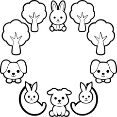 Obraz premium Playful cartoon animals surrounded by trees, ideal for children's art or design.