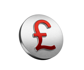 Vibrant Red British Pound Currency Symbol On A Metallic Silver Disc Icon 3D Illustration