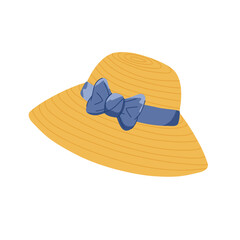 Beach straw hat with a blue bow. Spring, summer vector hand drawn illustration. Vintage headwear for sun protection. Straw head accessories with ribbon isolated on white background