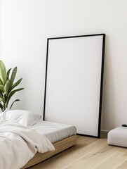 Interior mockup, eye-level close-up composition, blank frame leaning against wall, minimalist bedroom with plants, white bedsheet, wood floor, home decor, design element.