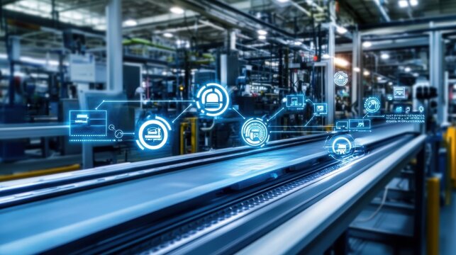 A futuristic manufacturing facility with IoT-enabled devices monitoring production performance