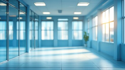 Fototapeta premium Light blue office interior with large windows casting reflections, spacious and bright, ideal for text overlay or design, blurred background effect.