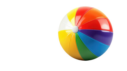 Fototapeta premium Brightly colored beach ball rolls on a sandy shore in the warm sunlight on a summer day