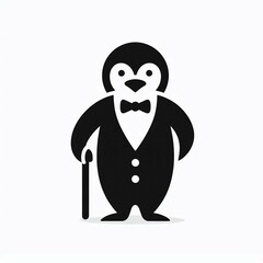 Obraz premium Dapper Penguin with Bowtie Cane Black Silhouette