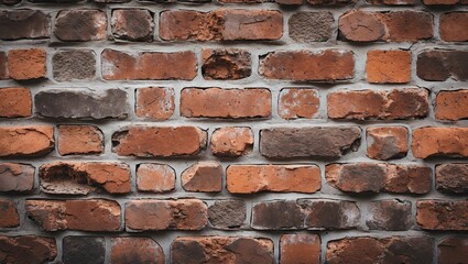 Obraz premium Rustic red and brown brick wall background with varied textures and mortar in between, ideal for design and architectural themes.