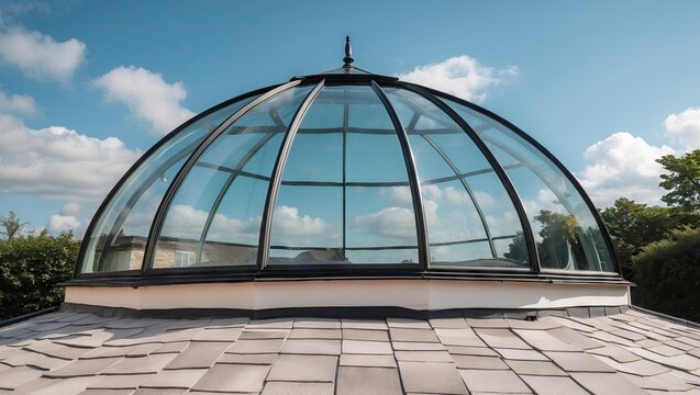 Curved glass dome rooftop with black framing against a clear blue sky surrounded by lush greenery cast in natural sunlight.