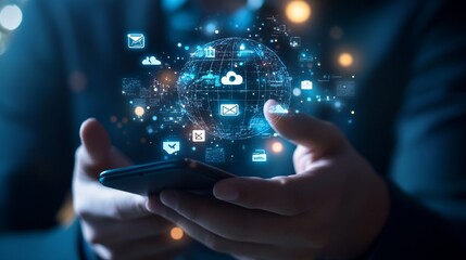 Person holding phone with digital global network and icons.