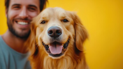 A happy man with a Golden Retriever dog in a cozy setting with a yellow background. This cheerful image is great for promoting pet care, dog products, or pet adoption campaigns.