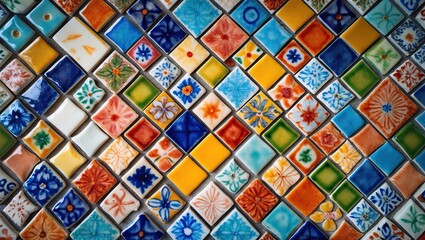 Colorful patchwork of vibrant ceramic tiles featuring blue, orange, yellow, and green patterns, arranged in a mesmerizing mosaic layout.