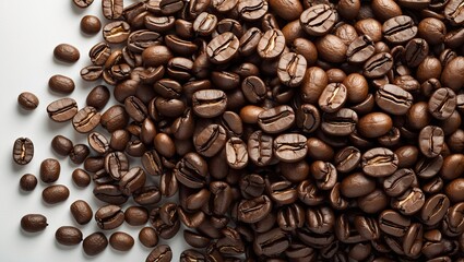 Obraz premium Close-up of roasted coffee beans in varying shades of brown, arranged on a white background, ideal for adding text or design elements.