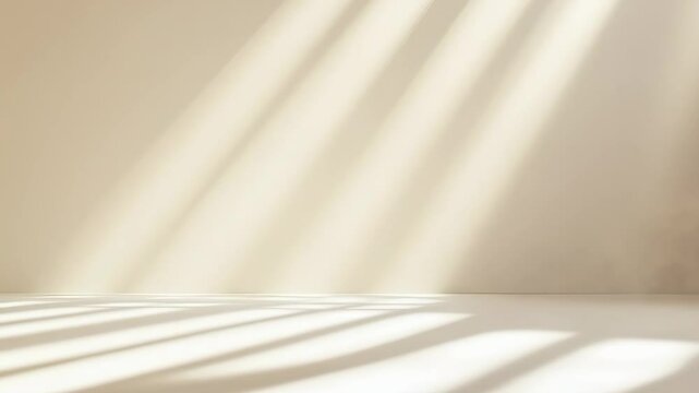 Sunlight and shadows on beige wall and floor. Minimalist interior background. Clean empty room with natural lighting for product photography or design
