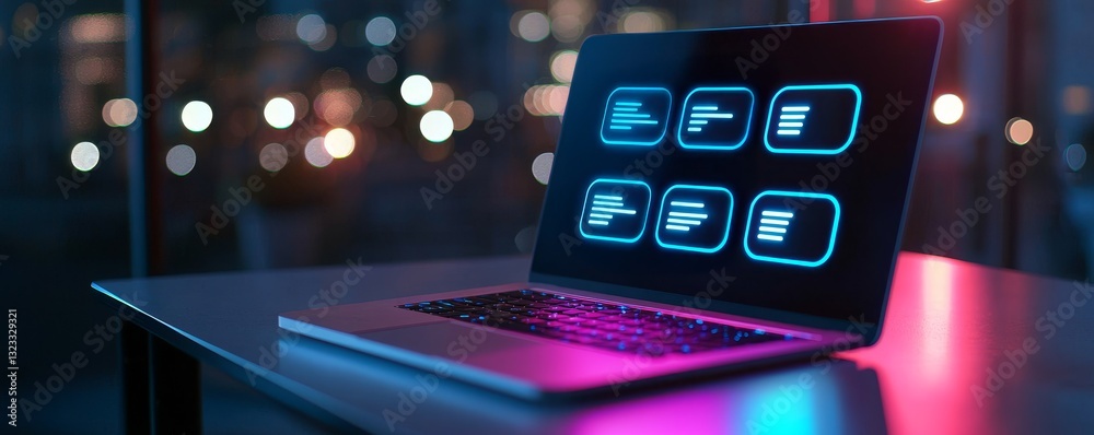 Poster efficiency of team collaboration tools concept. sleek laptop displaying digital data analytics in a 