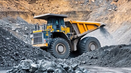 A gigantic mining wheel loader scooping up tons of raw materials at an open-pit mine