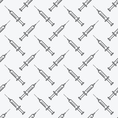 Black Syringe icon isolated seamless pattern on white background. Syringe for vaccine, injection, flu shot. Medical equipment. Vector Illustration.