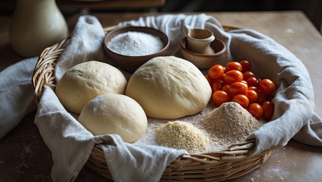 Baked bread preparation scene featuring golden dough balls, cherry tomatoes, flour, and semolina arranged in a woven basket with a linen cloth.