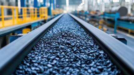 A heavy-duty conveyor belt transporting raw materials in a large manufacturing plant