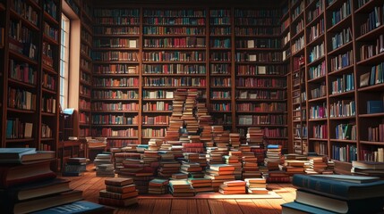 Obraz premium Vast library interior with stacks of books on wooden floor