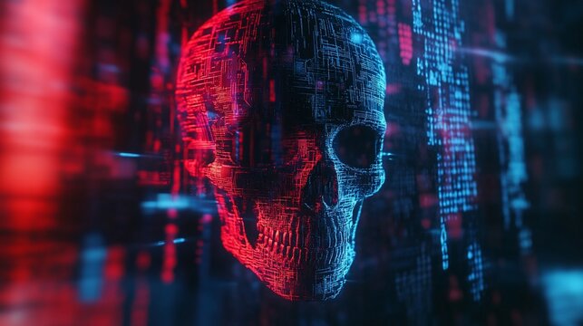Digital skull composed of red and blue code, symbolizing cybersecurity threats and data breaches.