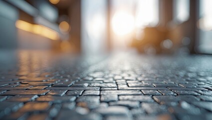 Modern textured floor interior with stone tiles in the foreground and a softly blurred background featuring warm sunlight and contemporary elements.