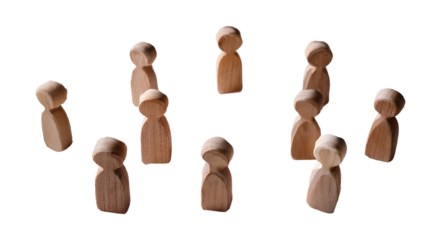 network concept with wooden figures connected showing human resources isolated on transparent background png.