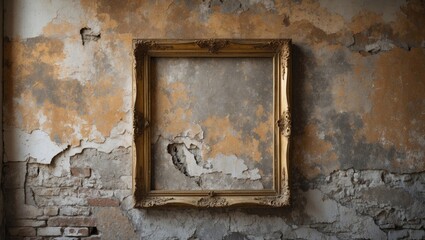 Vintage gold frame centered against a weathered grunge wall with peeling orange and gray paint textures creating a rustic atmosphere.