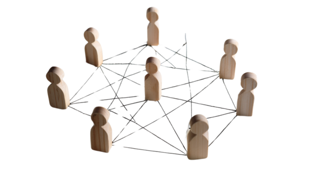network concept with wooden figures connected showing human resources isolated on transparent background png