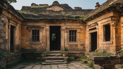 Fototapeta premium Ancient stone house interior with weathered walls and mossy rooftops framed by lush greenery and a bright sky in the background