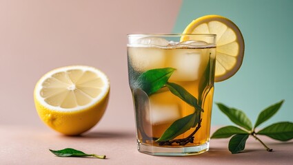 Fototapeta premium Iced green tea in a glass with lemon slice and ice cubes positioned on a pastel pink and green background, garnished with fresh tea leaves.