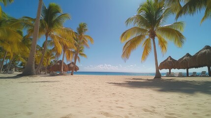 Obraz premium Tropical beach with palm trees and umbrellas by the ocean on a sunny day