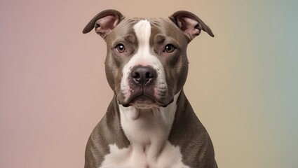 Obraz premium American pit bull terrier portrait centered on a soft pastel gradient background, featuring a gray coat with white markings, detailed facial expression.