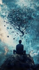 Obraz premium Contemplation: Man, Tree, and Birds in a Serene Landscape