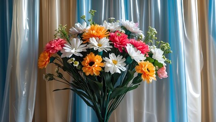Vibrant artificial flower bouquet in shades of pink, orange, and white set against a flowing blue and beige plastic curtain backdrop.