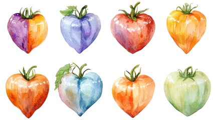 Vegetables and farm produce. Collection set watercolor fresh farm vegetables. Colorful heart-shaped vegetables artwork.