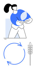 Person holding a leaf symbolizing eco-consciousness, surrounded by a recycling symbol and wheat spike. Ideal for sustainability, agriculture, recycling, eco-living, renewable resources, environment