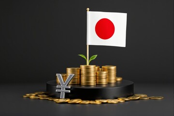 Japanese yen currency symbol, golden coins, and national flag on a dark background. A green plant sprout symbolizes economic growth and financial success. Ai generative