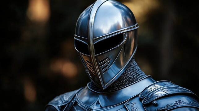 Close-up of a futuristic medieval knight in polished metal armor with a sleek visor. Concept of modernized medieval warriors and fantasy storytelling
