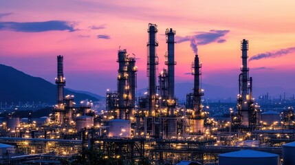 Fototapeta premium Illuminated refinery at sunset, towers and pipelines gleam. Illustrates industrial processes, energy production, or environmental impact.