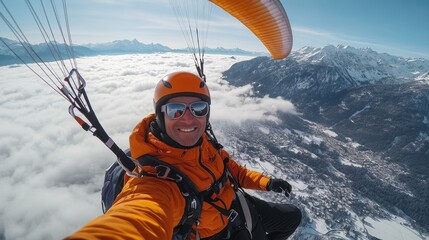 Caucasian male paraglider soars over snowy mountains on a sunny day